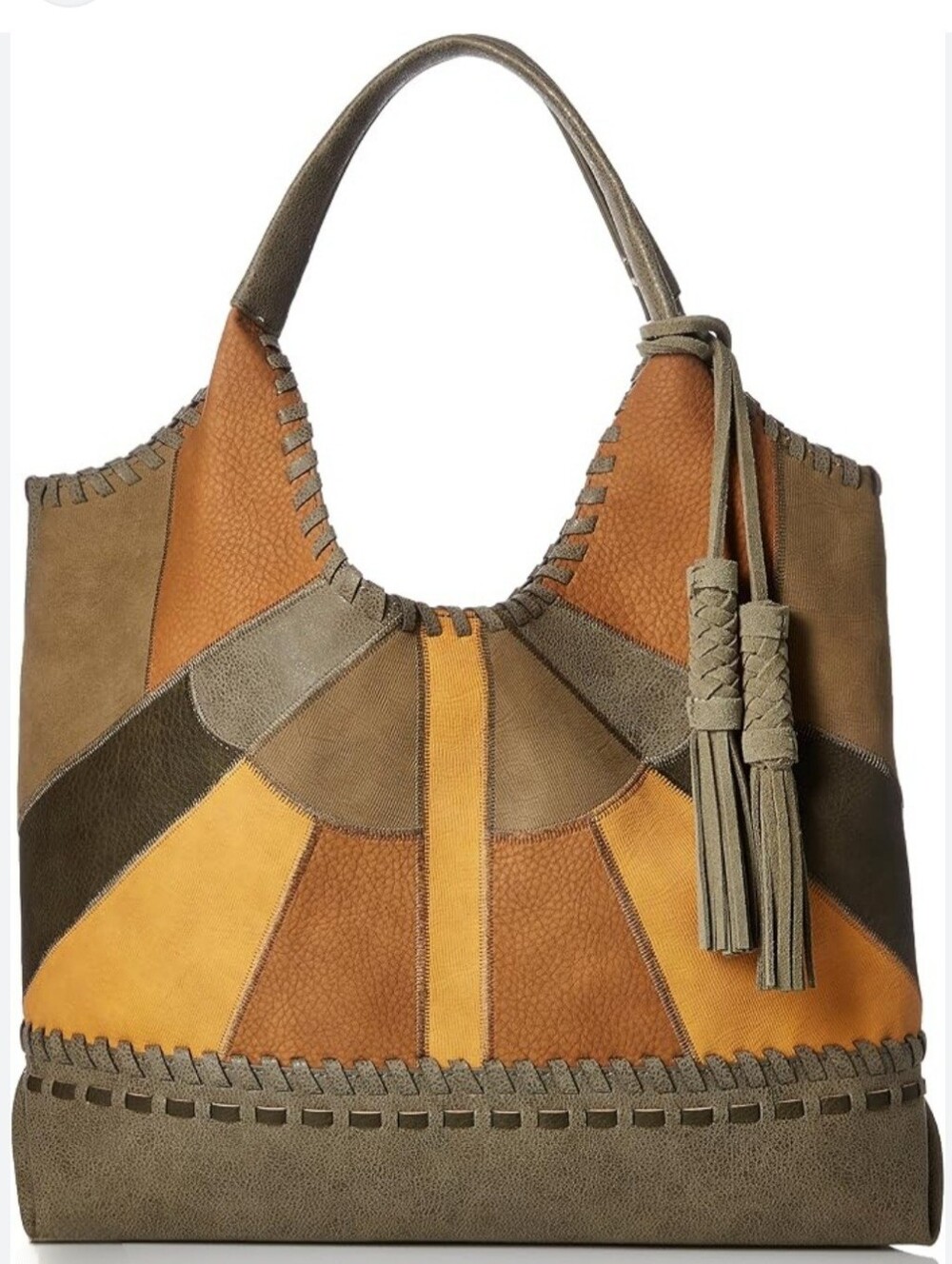 Steven by Steve Madden "JMerlot" patchwork boho tote in olive/mustard colorway